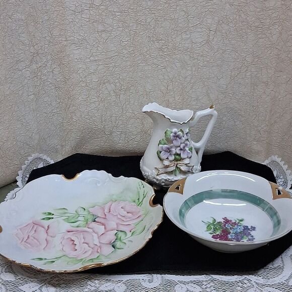 3 pc 14K Gold trim Porcelain Pitcher,bowl,& Plate,Vtg. - Picture 1 of 14